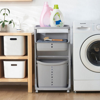 3-Tier Grey Storage Rack Laundry Basket with Wheels and Handle
