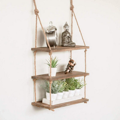 Rustic wooden hanging rope shelf solid wood kitchen bathroom