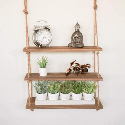 3 Tier Hanging Wooden Rope Shelves - 4