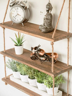 3 Tier Hanging Wooden Rope Shelves