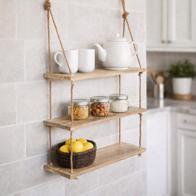 3 Tier Hanging Wooden Rope Shelves