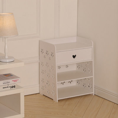 3 Tier Hollow Flower Pattern Bedside Table Nightstand with 1 Drawer
