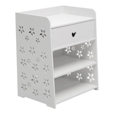 3 Tier Hollow Flower Pattern Bedside Table Nightstand with 1 Drawer