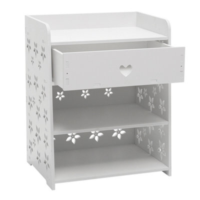 3 Tier Hollow Flower Pattern Bedside Table Nightstand with 1 Drawer