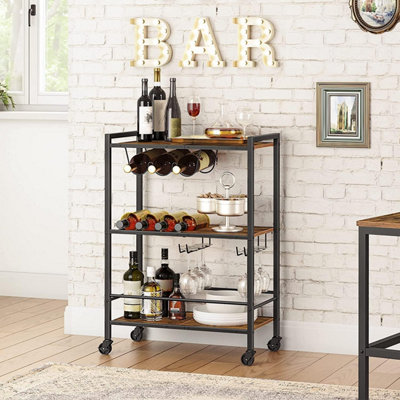 3 Tier Industrial Bar Cart Rustic Wood & Metal Rolling Kitchen Trolley ...