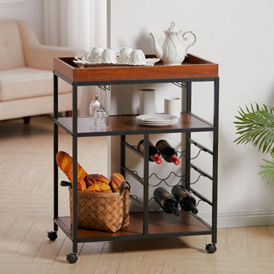 3 Tier Kitchen Storage Trolley Cart with Wine Rack and Wine Glass Rack ...