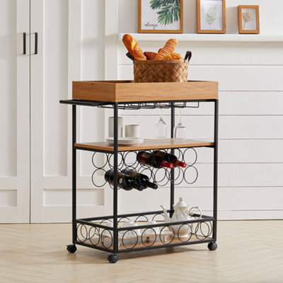 3 Tier Kitchen Storage Trolley Serving Cart with Wine Rack