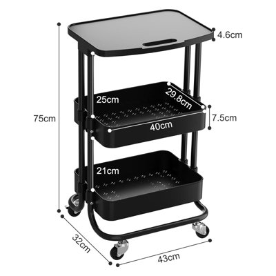 Johgee Foldable 3 Tier Metal Utility Rolling Cart Folding Mobile