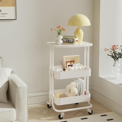 Sbanmao 5-Drawer Rolling Storage Cart With Wooden Top - Lockable Wheels Utility Cart, White