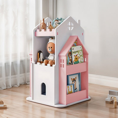 3-Tier Pink Castle Kids Rotating Bookshelf