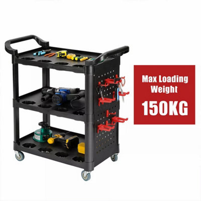 3 Tier Plastic Detailing Cart, Rolling Utility Detailing Tool Cart for Garage, Black