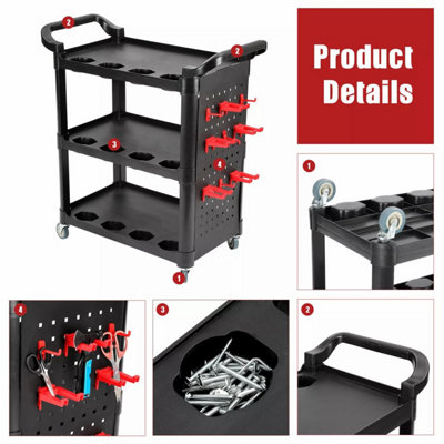 3 Tier Plastic Detailing Cart, Rolling Utility Detailing Tool Cart for Garage, Black