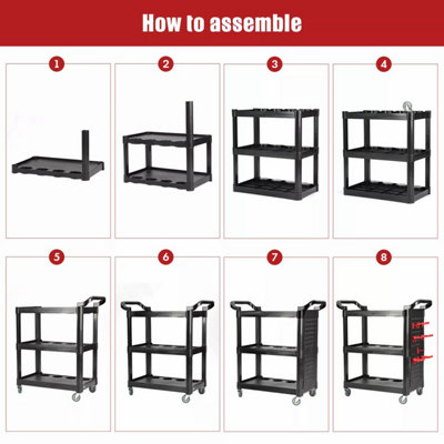 3 Tier Plastic Detailing Cart, Rolling Utility Detailing Tool Cart for Garage, Black