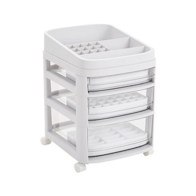 3 Tier Plastic Rolling Makeup Storage Organizer with Drawer for Kitchen Bathroom Living Room White
