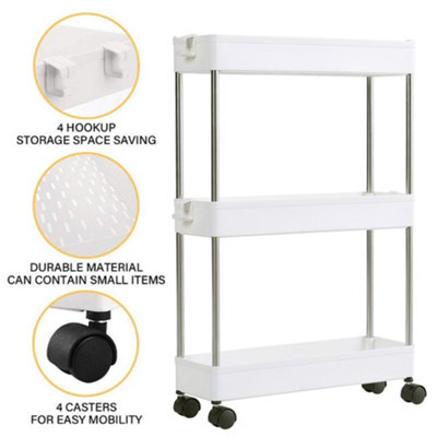 3 Tier Plastic Storage Cart Mobile Portable Slimline Shelving Trolley Unit