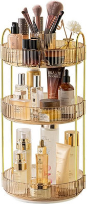 3 Tier Rotating Makeup Organiser Customisable Round Skincare & Cosmetics Storage for Toiletries, Elegant Champagne Gold Design