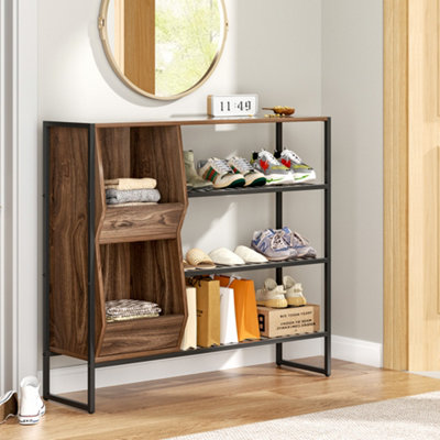 3-Tier Shoe Rack with Metal Frame and Walnut Storage Cubbies Shoes ...