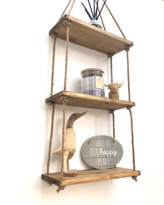 3 tier Solid Natural Wood Floating Shelves Rustic Wooden Hanging Rope Wall Shelf