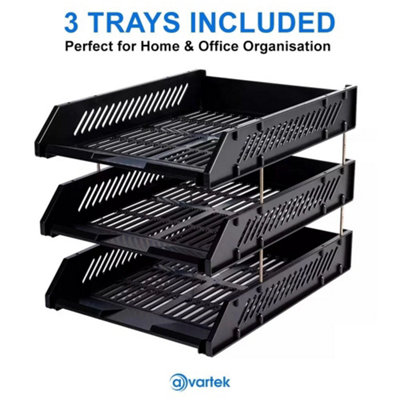 3 Tier Stackable Desk Black A4 Letter Tray Filing Document Organiser ...