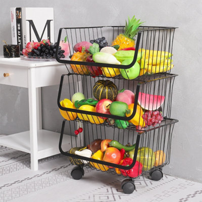 3 Tier Stackable Rolling Metal Wire Basket Trolley Rack Fruit Vegetable Storage Holder