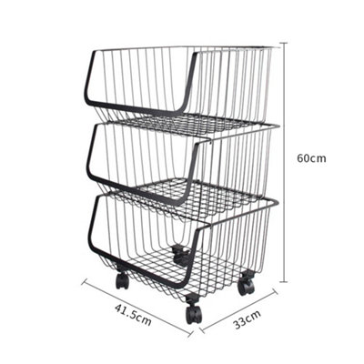 3 Tier Stackable Rolling Metal Wire Basket Trolley Rack Fruit Vegetable ...