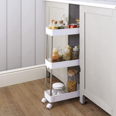 3 Tier Storage Cart Portable Slimline Shelving Trolley Unit on Wheels for Kitchen Bathroom or Utility Room H62 x W40 x D13cm