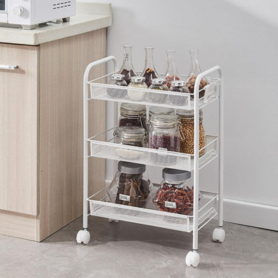 3 Tier Storage Trolley, Slide Out Rolling Utility Cart, Storage Shelf Rack on Wheels, Space Organizer for Office, Kitchen,Bedroom