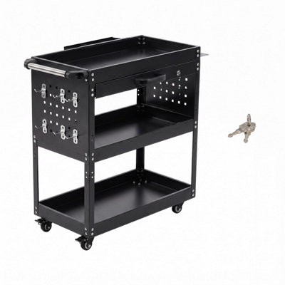 3-Tier Tool Cart with Lockable Drawer, 10 Hooks and Side Panels, 200kg ...