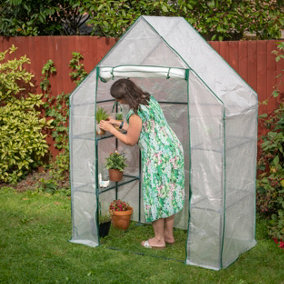 3 Tier Walk-In Greenhouse with 6 Shelves, Waterproof WhitePE Mesh Cover, Roll up Zipper Door and Sturdy Steel Frame  193Lx143Wx73H