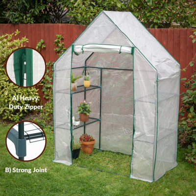3 Tier Walk-In Greenhouse with 6 Shelves, Waterproof WhitePE Mesh Cover, Roll up Zipper Door and Sturdy Steel Frame  193Lx143Wx73H