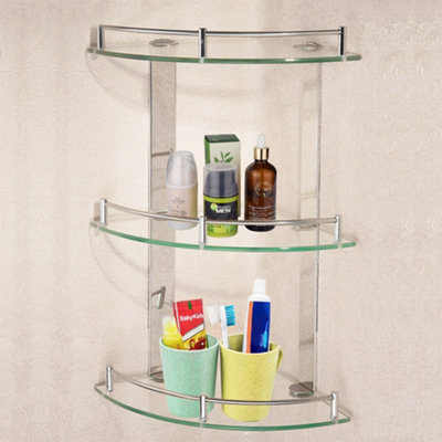 3 Tier Wall Mounted Tempered Glass Bathroom Corner Shelf Dia 25 cm ...