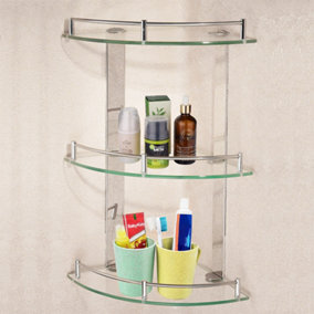 3 Tier Wall Mounted Tempered Glass Corner Bathroom Shelf Shower Storage Organizer Dia 20 cm