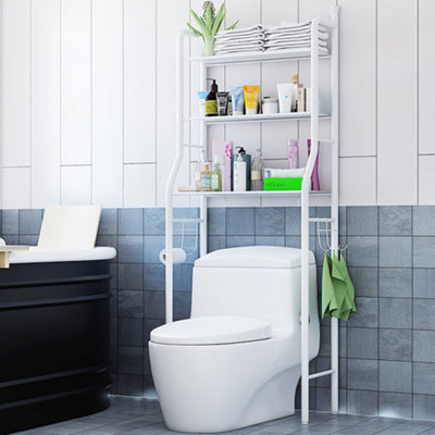 3 Tier White Metal Bathroom Storage Shelves Over Toilet Rack Shower Organiser with Paper Roll Holder and 3 Hooks