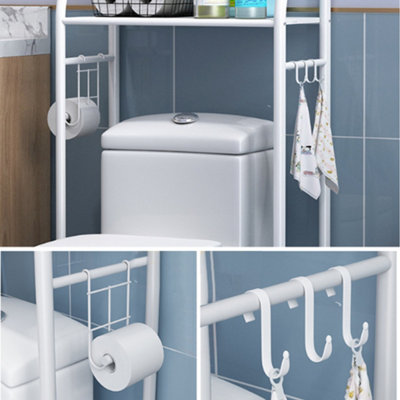 3 Tier White Metal Bathroom Storage Shelves Over Toilet Rack Shower Organiser with Paper Roll Holder and 3 Hooks - 3