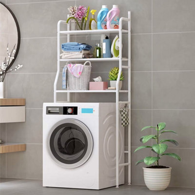 3 Tier White Metal Bathroom Storage Shelves Over Toilet Rack Shower Organiser with Paper Roll Holder and 3 Hooks - 4