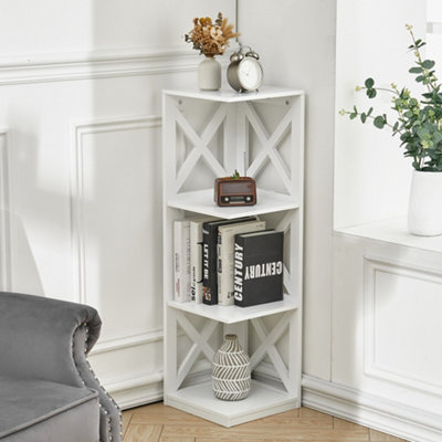 3 Tier White Wooden Corner Shelf Rack Shelf Bookcase Standing Living Room Shelving Unit