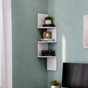 3 Tier White Zigzag Radial Floating Wooden Corner Wall Shelf Display Storage Wall Unit