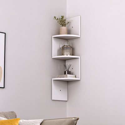 3 Tier White Zigzag Radial Floating Wooden Corner Wall Shelf Display Storage Wall Unit