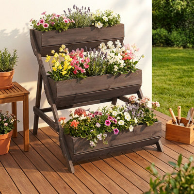 3-Tier Wooden Planter Box with Drainage Holes, Brown