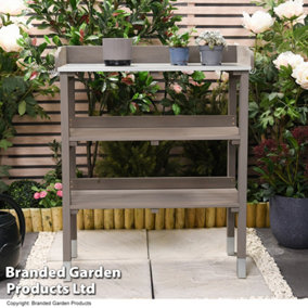 3-Tier Wooden Potting Table with Galvanised Steel Worktop Outdoor Gardening Work Station