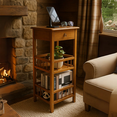 3 Tier Wooden Tall Side Table With Drawer