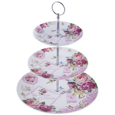 3 Tiered Cake Stands Plates Porcelain Lilac Lavender Rose Floral Design Gift Box (Birds Rose Butterfly)