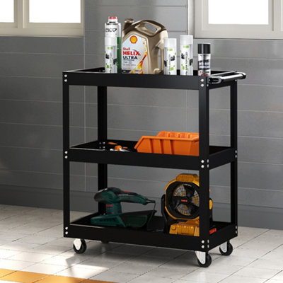 3 Tiers Black Rolling Heavy Duty Metal Tool Trolley Cart Workshop Garage Storage Organizer