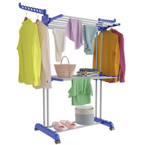 3 Tiers Foldable Stainless Steel Clothes Airer Drying Rack for Indoor Outdoor-Blue