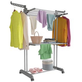 3 Tiers Foldable Stainless Steel Clothes Airer Drying Rack for Indoor Outdoor-Grey