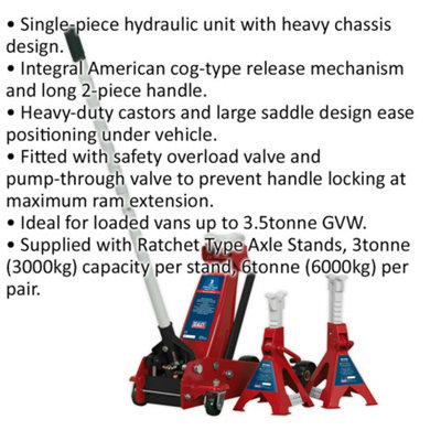 3 Tonne Hydraulic Trolley Jack - 515mm Max Height - 2 x Ratchet Axle Stands