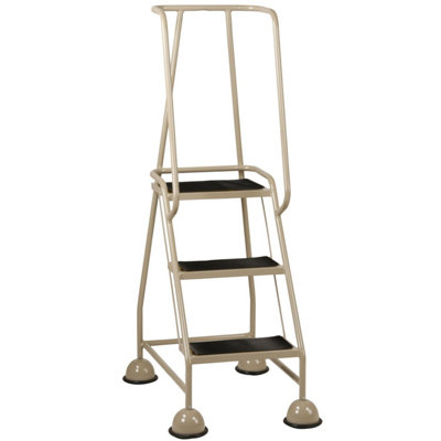 3 Tread Beige Mobile Warehouse Steps - Portable Safety Ladder with Wheels