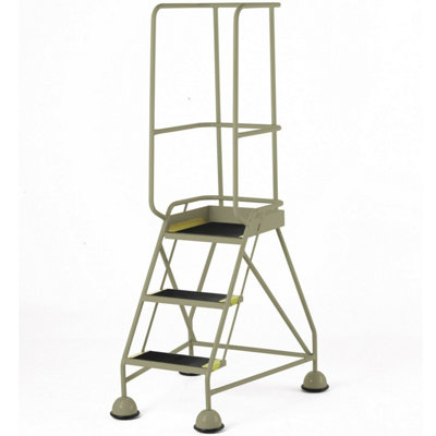 3 Tread Beige Mobile Warehouse Steps with Guardrail - Portable Safety Stairs for Easy Access