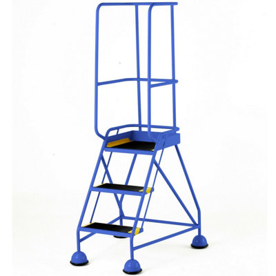 3 Tread Blue Mobile Warehouse Steps with Guardrail - Portable Safety Stairs for Easy Access