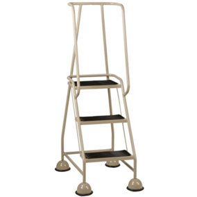 3 Tread Mobile Warehouse Steps BEIGE 1.43m Portable Safety Ladder & Wheels